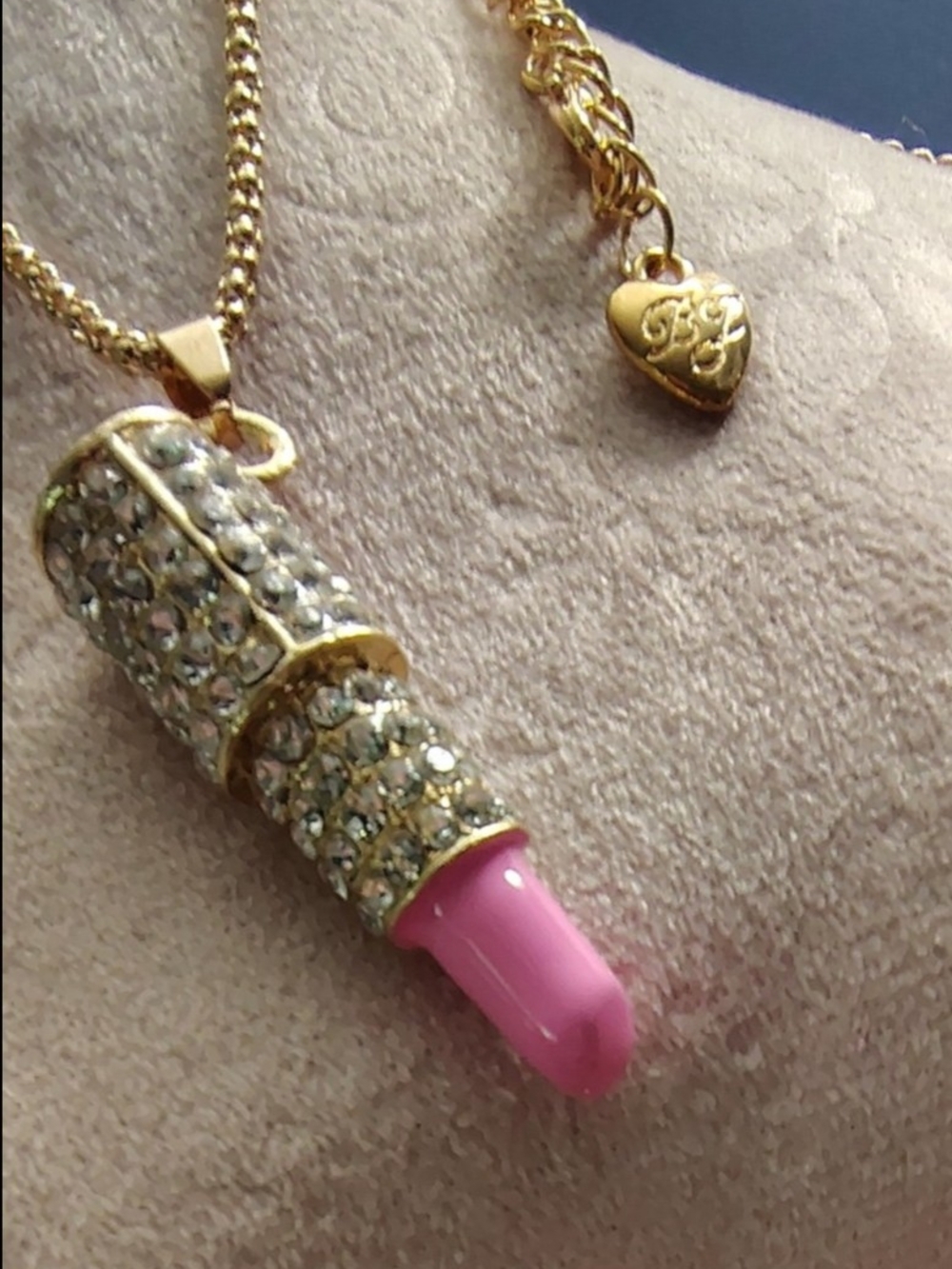Betsey Johnson Gold Crystal Lipstick Necklace with Pink Charm - Picture 3 of 4
